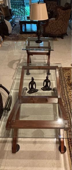 Set 2 mesas sala / Living Room Table Set – Glass Top Dark Wood