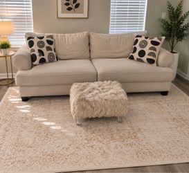 Beige Sofa & Matching Ottoman Set + 2 Throw Pillows
