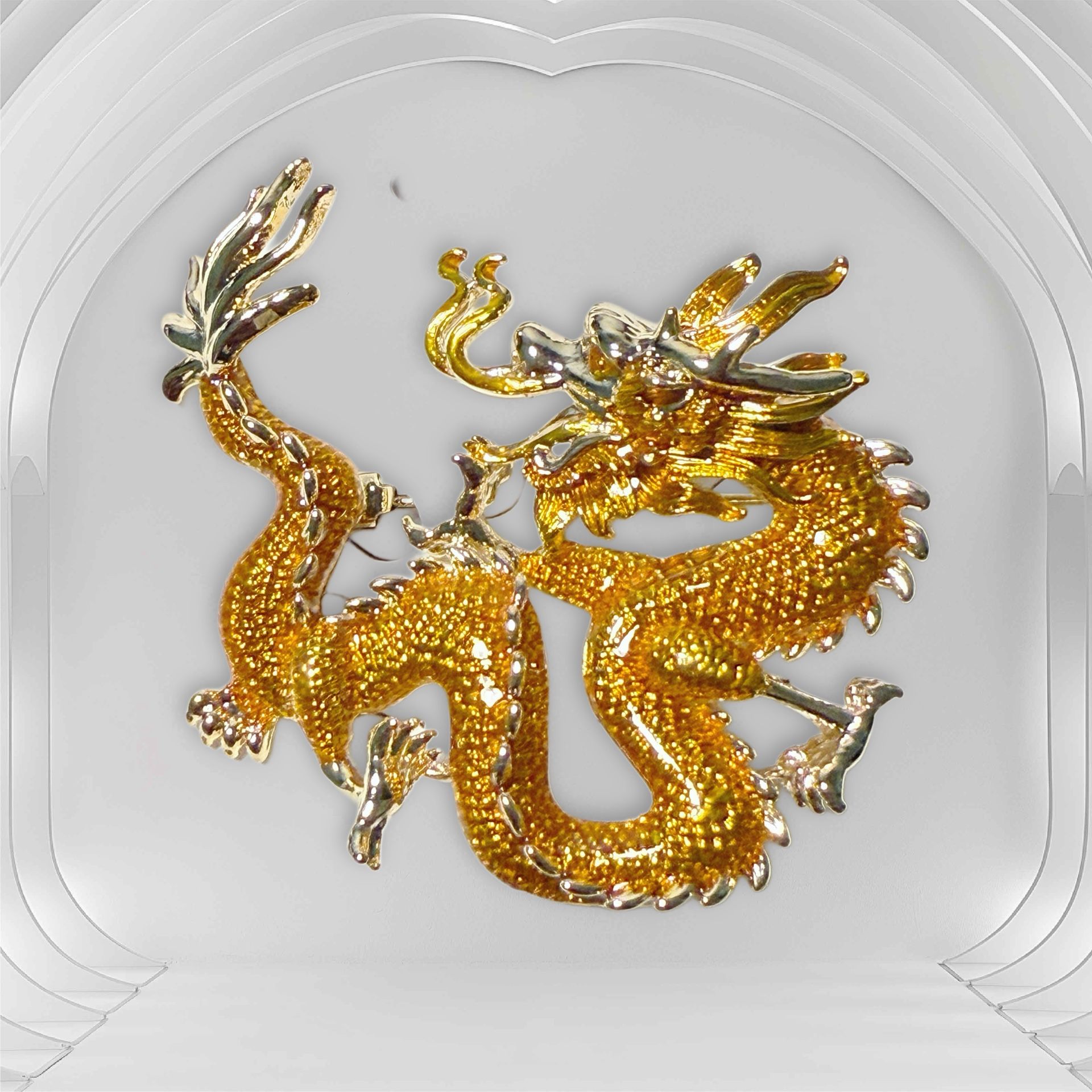 Vintage 2000s Gold & Silver Enamel Dragon Brooch, 1.75x1.75”