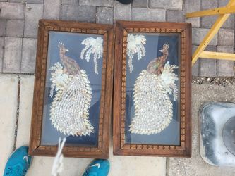 Pair of Framed Seashell Peacock Wall Art
