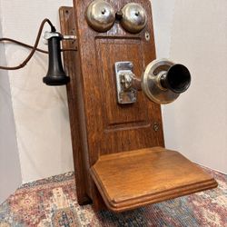  Early 1900s ANTIQUE OAK PREMIER ELECTRIC Co. HAND CRANK WALL TELEPHONE CHICAGO IL. USA 