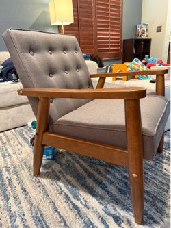 Arm chair- gray with wooden arms and legs