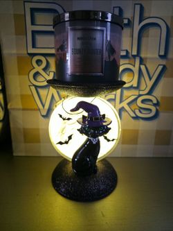 Bath & body works light up cat & moon pedestal 3 wick candle holder with free candle