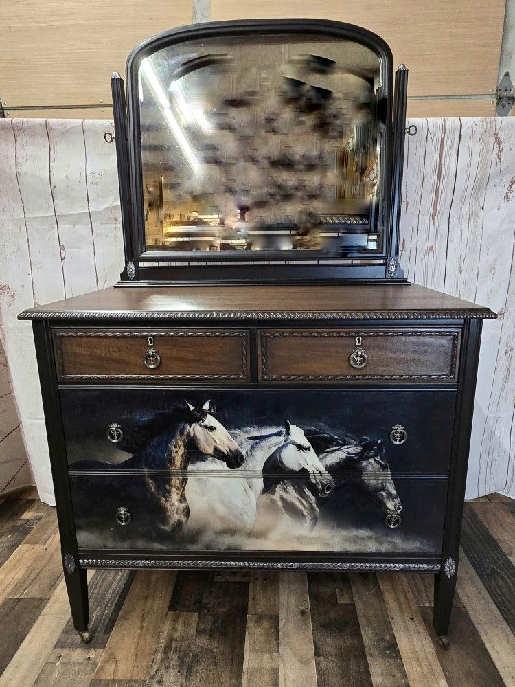 Antique Dresser With Horse Artwork