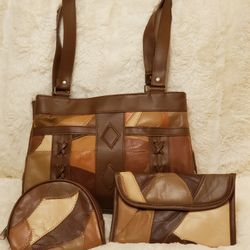 Brown Patchwork Leather Purse Set
