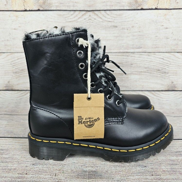 Dr Martens Womens 1460 Serena Faux Fur Lined Black Leather Combat Boots Size 6