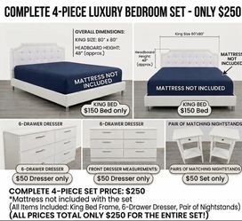 COMPLETE 4-PC Luxury King Bedroom Set – White Faux Leather – ONLY $250
