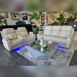 Modern High Quality Beige Breathing Leather Living Room power Recliner Sofa and loveseat set