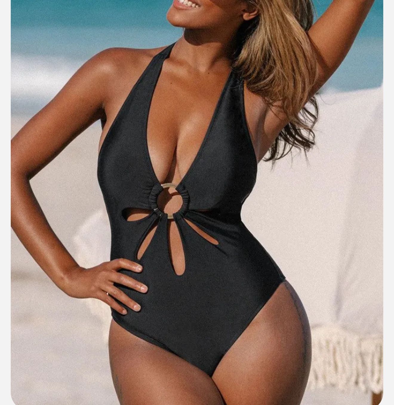 Cupshe Black Halter Top With Gold Ring Bathing Suit