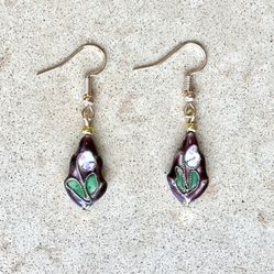 💐 Beautiful, two-sided purple burgundy floral & leaves cloisonné puff beaded earrings