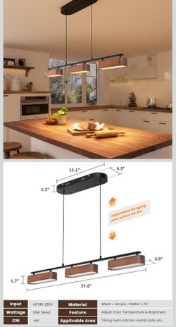 37.6" Kitchen Island Lights, 28W Wood Dining Room Light Fixtures Over Table, Dimmable Linear Pendant Lights for Kitchen Island, 3-Light Rustic Hanging
