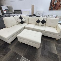 SALE LARGE SECTIONAL – White Faux Leather 3-Piece Sofa Set