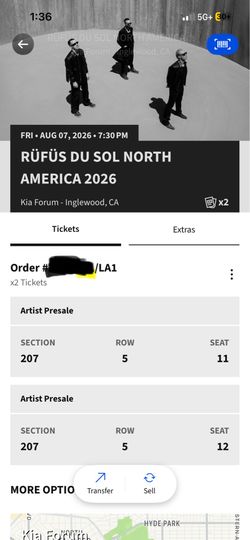 2 TICKETS FOR RUFUS DU SOL 8/7 @ KIA FORUM