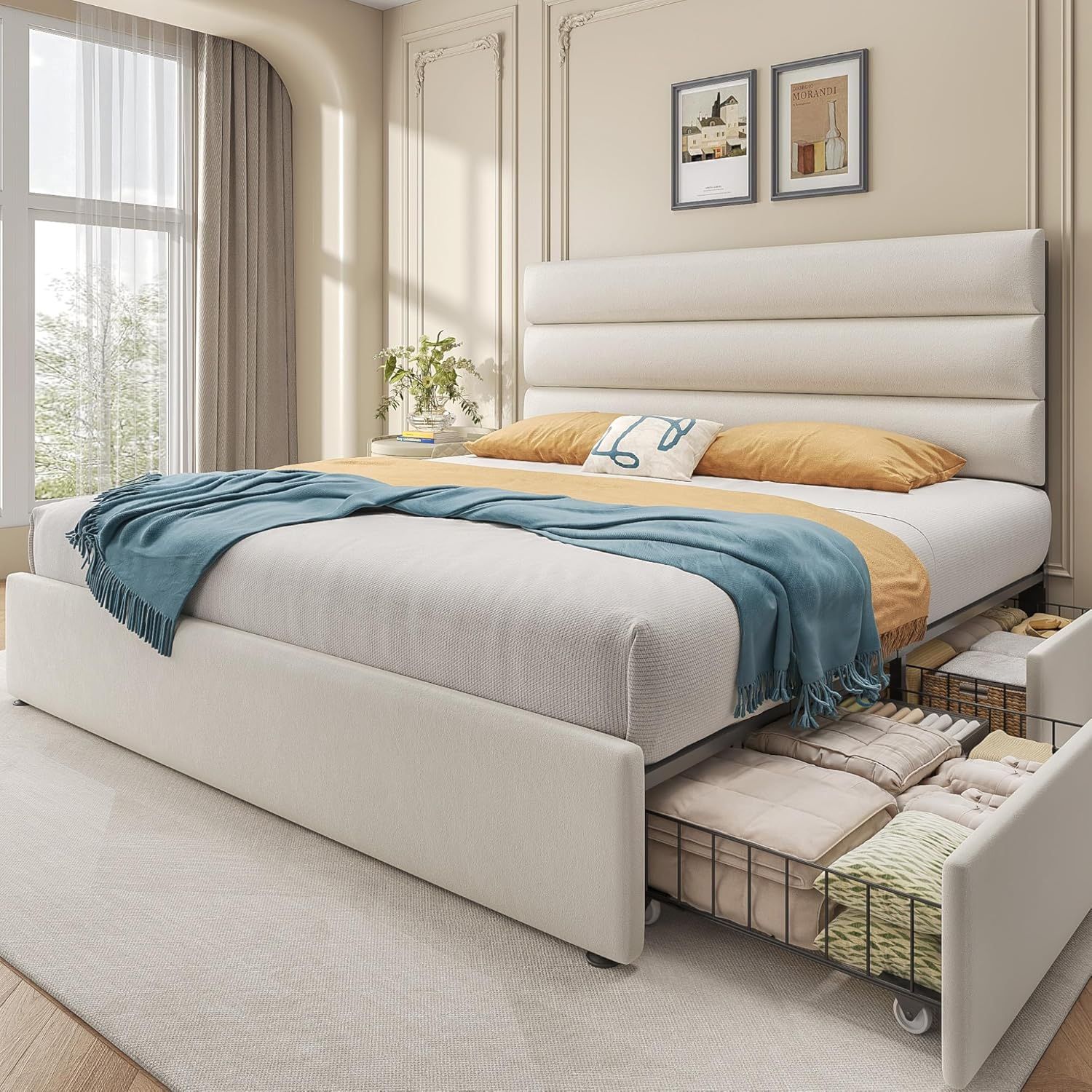 New Queen Bed Frame with Storage Drawers, Queen Size Platform Bed Frame with Velvet Upholstered Headboard, Metal Bracket, No Box Spring Needed, Noisel