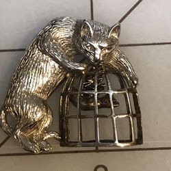 Sterling Silver Lapel Cat On Rocking Bird Cage, 