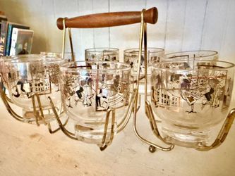 Vintage MCM Libbey Cocktail Glasses Set of 8 w/ Brass Caddy, 22K Gold