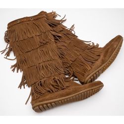 Minnetonka Moccasins 1658 Women Brown Suede Leather 5 Layer FRINGE Full Zip boots size 7