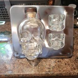 Empty Crystal Head Decanter & 2 Shot Glasses 