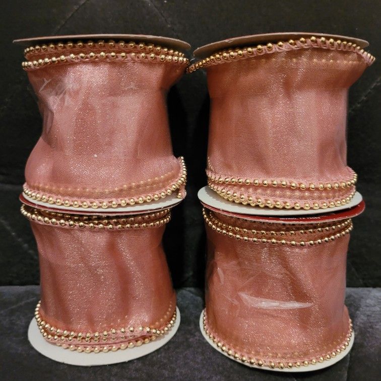 4 New- 2½" Wide Wired Ribbon Rose with Gold Bead Edging