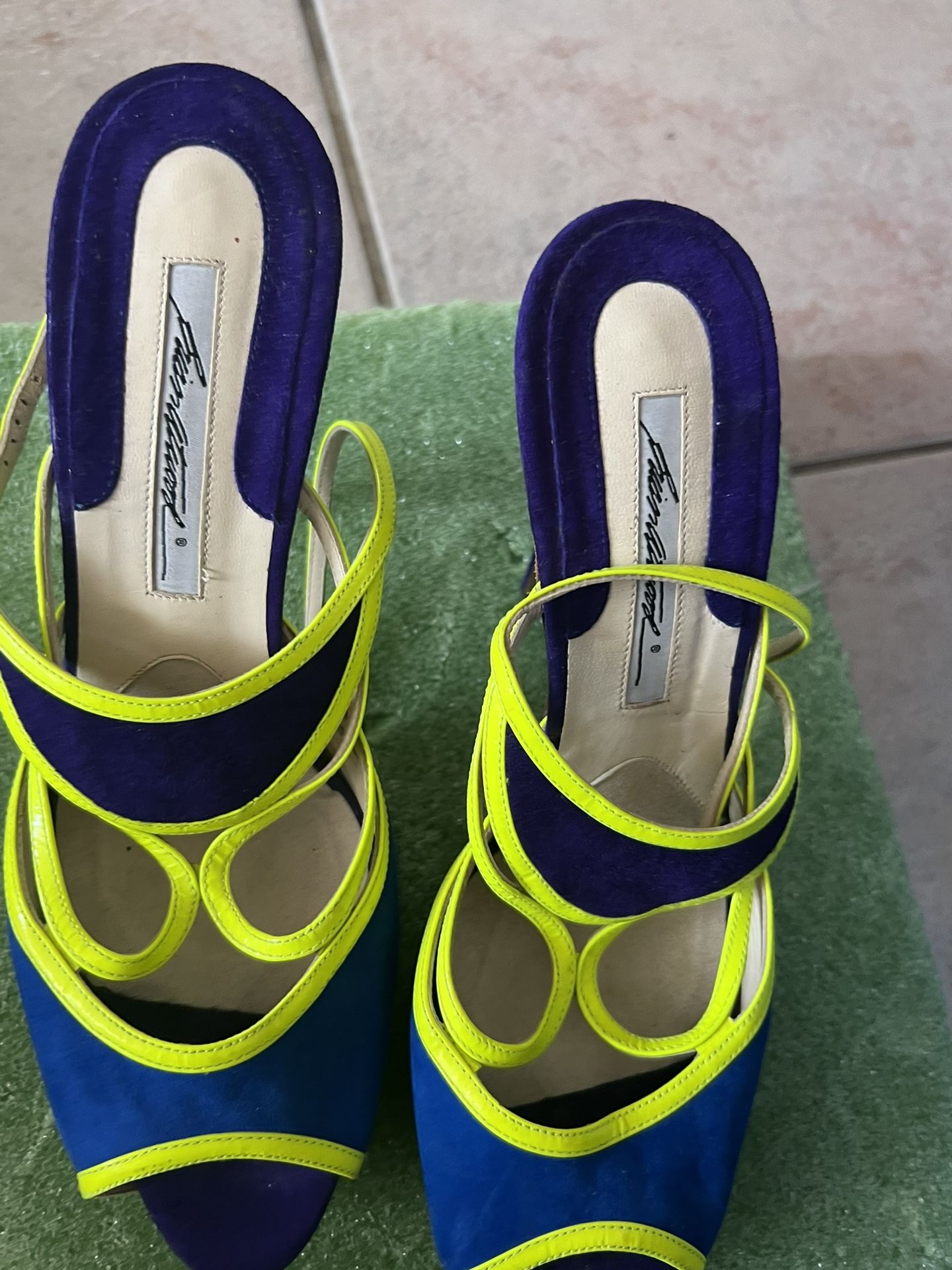 Brian Atwood sandals purple yellow color block dress shoes bright Barbie heels,All Products : American Fashion Style Bags On Sale