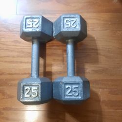 Pair Of 25lb Hex Iron Weight Weights Workout Hand Dumbells Dumb Bell 50lbs Total