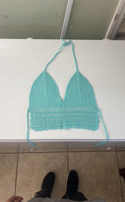 Blue Knit Crochet Crop Top