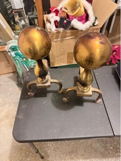 Vintage Brass Cannon Ball Fireplace Andirons
