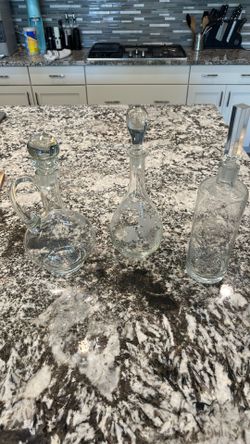 3  elegant antique etched glass liquor decanter