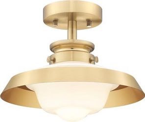 Semi Flush Mount Ceiling Light,11.4" Brass Gold Schoolhouse Style, Milk White Glass Shade