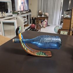 Solid Wood Hand-painted Floating Wine Bottle Holder From Costa Rica With Colorful Parrot Design 11"