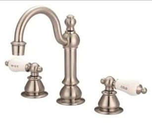 Water Creation Widespread Bathroom Faucet In Brushed Nickel With Porcelain Handles