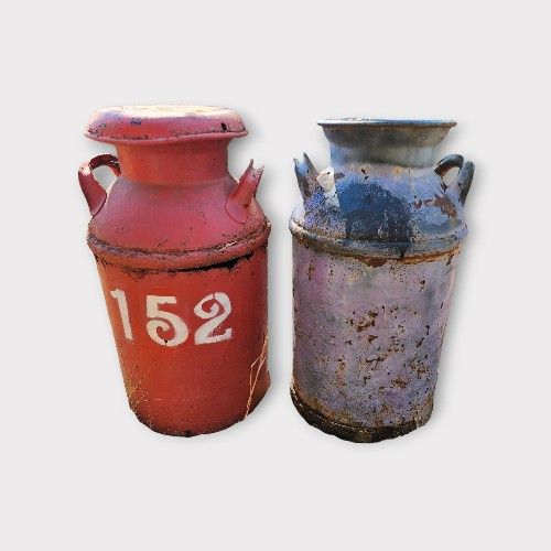 Antique Milk Cans 24" Tall 10 Gallon Dairy Jugs Set of 2 Galvanized Steel with Handles