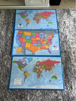 3 Pc- classroom Illustrated World Map & USA Map + World Map Poster (LAMINATED, 18" x 29")