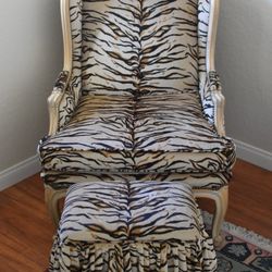 Antique Zebra Pattern Chair and Footstool