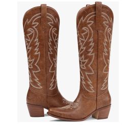 Size 11 Ouepiano White Cowgirl Boots Women Cowboy Knee High Boots with Embroidered Chunky Heel Pointed Toe Vintage Wedding Country Western Boot Wide C