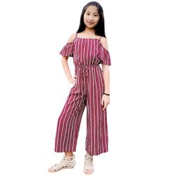 Jenna & Jessie Girls 10 Jumpsuit Off Shoulder Romper Striped Burgundy