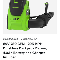 80V 780 CFM - 205 MPH Brushless Backpack Blower, 4.0Ah Battery and Charger Included