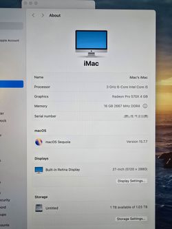 2019 iMac 27" inch Retina Display Intel i5 3.0GHz 16GB Ram 1TB HD 4GB video card Wifi Bluetooth Camera Thunderbolt OS Sequoia