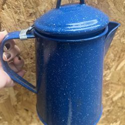 Vintage blue and white speckled enamel coffee/tea kettle hiking camping RV