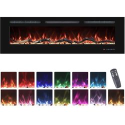 50" Electric Fireplaces Inserts, Recessed & Wall-Mounted Fireplace Heater with Thermostat, Multicolor Flames,Timer, Log & Crystal, 750/1500W,Black