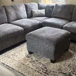 New! Dark Gray Corduroy Sectional and Ottoman