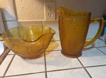 Tiara Amber Crimped Salad Bowel And Amber Pitcher