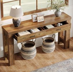 63" Console Table with 2 Drawers, Farmhouse Entryway Table with H-Shaped Sturdy Legs for Hallway, Living Room, Brown