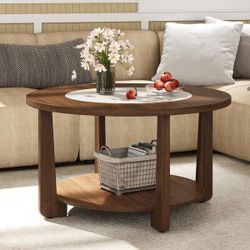 Farmhouse Round Wood Coffee Table w/ Faux Marble