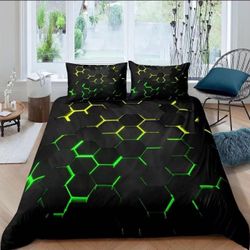 Honeycomb Bedding Duvet Cover Queen Size,Geometry Hexagon Theme with Green Yellow Neon Lights Comforter Cover,Boys Teen Man Chic Creative Home Bedding