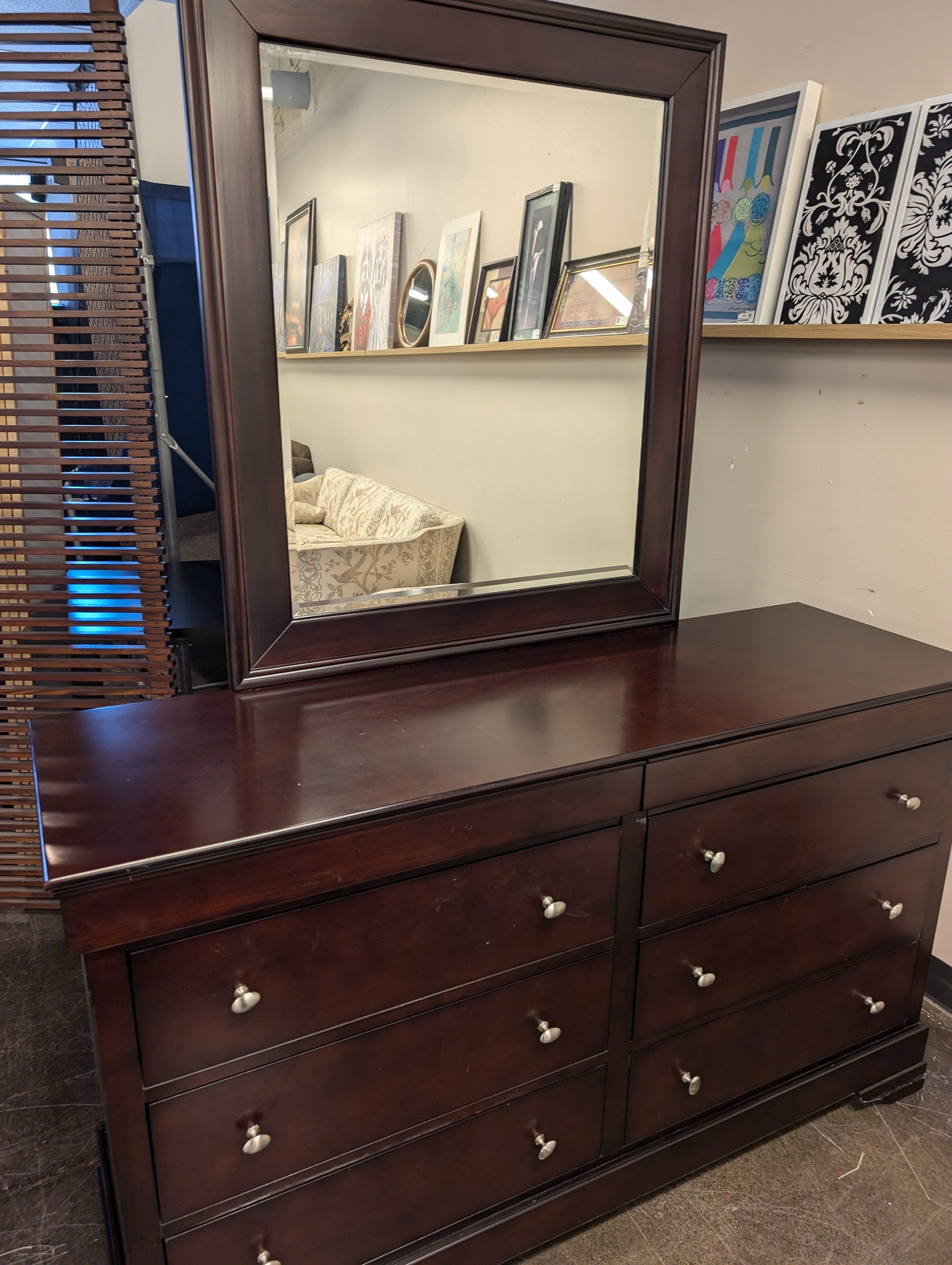 Dark Cherry Finish Six-Drawer Dresser with Framed Mirror
