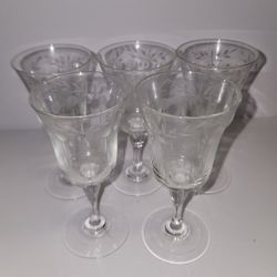 Set of 5 Vintage Etched Crystal Wine Glasses