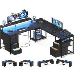 66" L Shaped Desk, 113" Computer Desk with File Cabinet & 4 Fabric Drawers, Home Office Desk