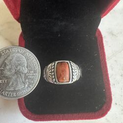 Vintage 925 Sterling silver Ring , Size 6 , Hallmarked 925 $ , Designer Shube,  Orange Stone,  W/ Embossed Designs On Sides,  Nice Ring