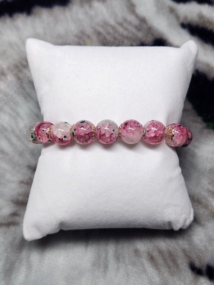 Glassy Shiny White, Pink, & Green Beaded Bracelet